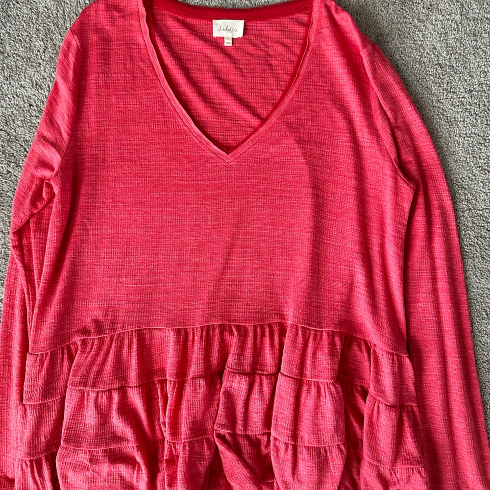 Anthropologie - Deletta Thea Long Sleeve Ruffle Tiered Top - XL - Coral